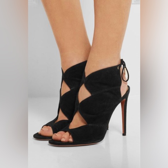 Aquazzura Booties Pasadena Black Cutout Suede Size 39 Open Toe Tie Back Heel - Picture 8 of 8